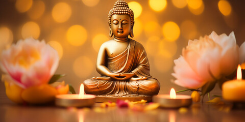 Wall Mural - buddha statue meditate with golden aura on yellow lotus background with light bokeh. banner vesak da