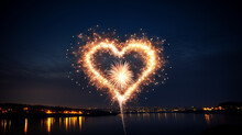 Heart Shaped Fireworks Over A Lake In The Night