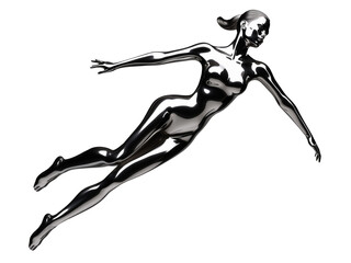 Poster - Y2K futuristic chrome woman body isolated. Melty gloss silver metal woman flying. Chrome element