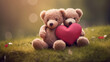 Two stuffed plush bears holding a heart and sitting in the grass