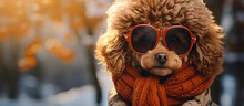 Cute Dog In Winter Clothes And Sunglasses On A Snowy Background.