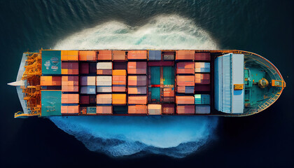 Top View Of Container Cargo Ship In Sea Background