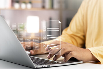 Canvas Print - Business performance monitoring and evaluation concept, Take an assessment, Business man using laptop and tablet online checklist survey, Filling out digital checklist, Questionnaire with checkboxes.