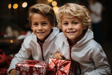 Wall Mural - happy children boys with christmas presents