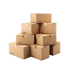 Pile of blank shipping cardboard boxes on a cutout PNG transparent background