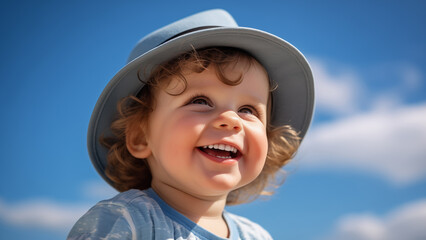 Wall Mural - Portrait of a cute smiling little boy in a hat looking at the sky in summer in nature. The concept of a happy childhood