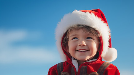 Portrait of a cute smiling little boy in a red Santa Claus costume looking at the camera in nature. The concept of holidays, happy childhood