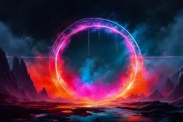  A cosmic landscape with a neon circle and smoke. Multicolored paints. Dark background. Fantasy. AI