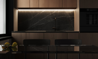 Wall Mural - Mockup space on a luxury black glass tabletop with a blurred modern wooden kitchen