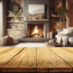 Wall Mural - wooden board with pedestal and free space for your decoration. home interior and fireplace. magic ch
