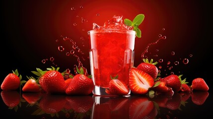 Canvas Print - slice strawberry juice drink sliced illustration background splash, natural food, red ripe slice strawberry juice drink sliced