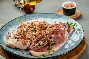 Poster - Raw Duck fillet with herbs and spices on plate. top view. place for text