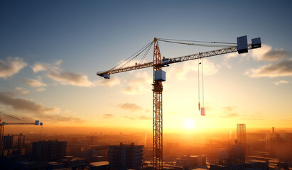 Wall Mural - Crane and building construction site on sunset daytime. Generative AI