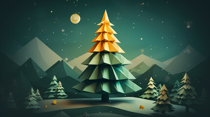 Geometric christmas trees on a snowy night with a radiant star, lowpoly low poly