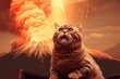 Angry orange tabby cat in the background of an exploding volcano.