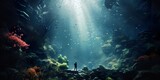 Fototapeta Fototapety do akwarium - A mystical underwater scene with a person swimming among bioluminescent sea creatures and plants