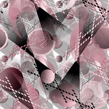 Seamless Abstract Geometric Pattern. Pink, Black Shapes And Lines On A Light Gray Background.