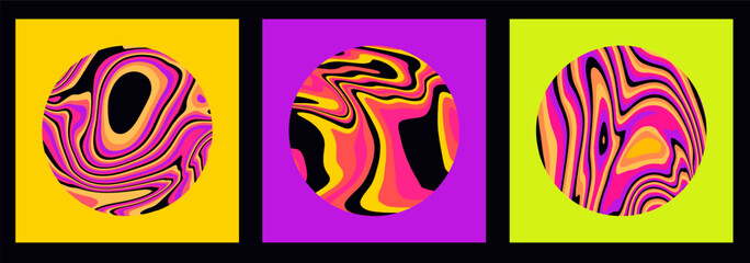 Aufkleber - Set of graphic design elements in neon colors with glitched pattern. Circle shapes with distorted texture made of flowing lines.
