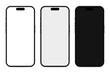 Set of 3 blue modern mobile phones with 3 different screens. High realistic vector graphic.
