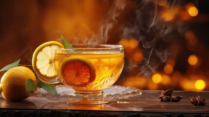 Poster - liquid lemon tea drink zesty illustration citrus fresh, healthy aroma, cup hot liquid lemon tea drink zesty