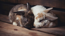 Two Adorable Lop Eared Rabbits Snuggling On Wooden Surface Cute Animal Friends Bonding Indoor Pet 
