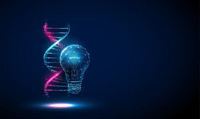 abstract blue light bbulb, blue and purple 3d dna molecule helix. biotechnology engineering concept.