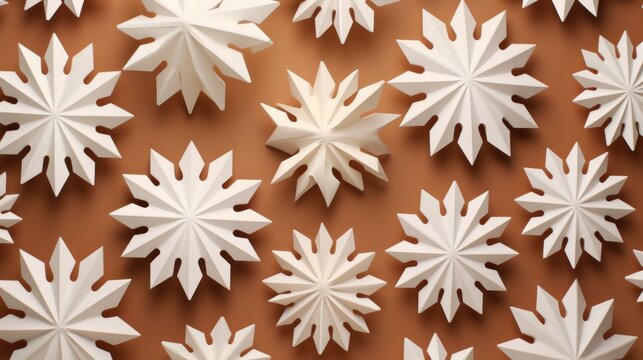 Abstract snowflake patterns made with minimalist Christmas decor in flat lay style  AI generated illustration