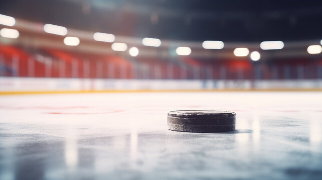 closeup of hockey puck on ice skating rink