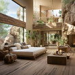 © Moon - Rustic Elegance: Luxurious Bedroom with Fireplace and Forest View
