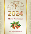 Happy New Year 2024 greeting card with festive decoration bells and snowflakes.. Golden numbers 2024 on background of the clock. Vector design template for greeting card, cover, poster, sticker, web