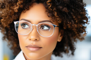 Wall Mural - Close-up shot of woman wearing glasses. This image can be used to represent vision, eye health, or professional settings where glasses are commonly worn.