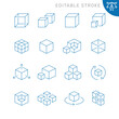 Vector line set of icons related with cubes. Simple outline sign. Editable stroke.