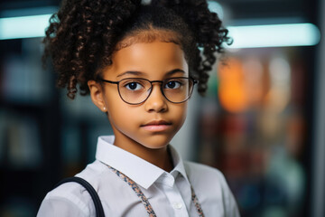 Wall Mural - Young girl wearing glasses and white shirt. This image can be used to represent education, intelligence, or youthfulness.