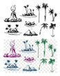 Tropical landscape scenes, volcano, islands, mountains, palm trees. Hand drawn sketches converted to vector. Elements for design, isolated