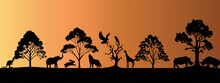 African Safari Vector Illustration, Captivating Silhouette Art Of Wild Animals, Trees Against A Vibrant Sunset. Ideal For Travel, Tourism, Nature. Features Elephant, Bear, Giraffe, Rabbit, Rhino