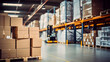 Retail warehouse full of shelves with goods in cartons, with pallets and forklifts. Logistics and transportation blurred background. Product distribution center.
