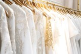 Fototapeta Uliczki - Beautiful Array of Wedding Dresses Hanging on Rack in Elegant Room with Natural Lighting Generative AI