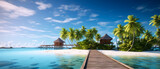 Fototapeta  - Tropical paradise. Luxury panorama view on Maldives resort on seascape background. Bungalow, villas on beautiful exotic beach on the ocean. Spa, leisure, concept. Honeymoon recreation.Generative ai