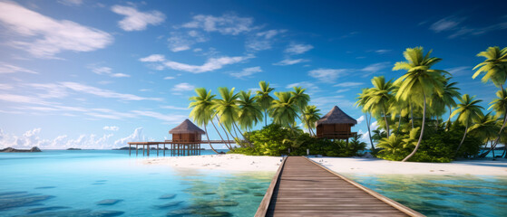 Wall Mural - Tropical paradise. Luxury panorama view on Maldives resort on seascape background. Bungalow, villas on beautiful exotic beach on the ocean. Spa, leisure, concept. Honeymoon recreation.Generative ai