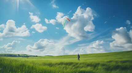 Man enjoying a sunny day flying a colorful kite in a vast green field with clear blue sky in the background. Generative AI