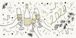 Continuous line yellow champagne cheers one line art, continuous drawing contour on yellow background. 3 Wine glasses with drinks. Cheers toast festive decoration for holidays. Vector illustration