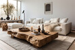 Living room with white sofa and heavy wooden table on white fluffy carpet.