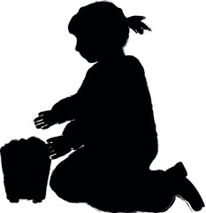 Poster - girl play in sand bucket silhouette on white background icon grunge style vector