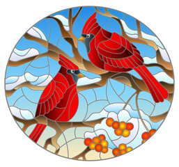  An illustration in the style of a stained glass window with bright cardinal birds on snow-covered tree branches, oval image