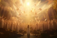 Choir of angels singing celestial hymns in a heavenly setting, with ethereal voices