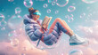 Young woman reading a book in virtual space. Metaverse hobby and leisure concept.