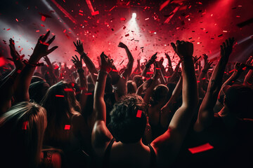 Nightclub party clubbers with hands in air and red confetti