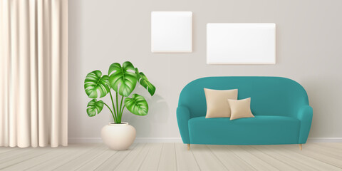 Minimalist living room home interior design, teal sofa with pillow on oak wooden hardwood floor with houseplant, curtain, empty white poster with copy space. Cozy hotel decoration. Vector illustration