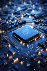 Futuristic Blue Circuit Board Illuminated with Glowing Lights
