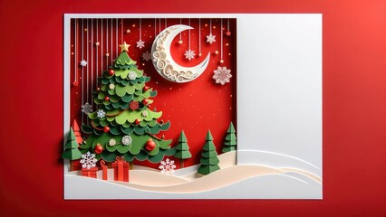 Wall Mural - Christmas background, Decorated with christmas tree and gift box, Winter christmas composition in paper cut style decoration for Celebration.
